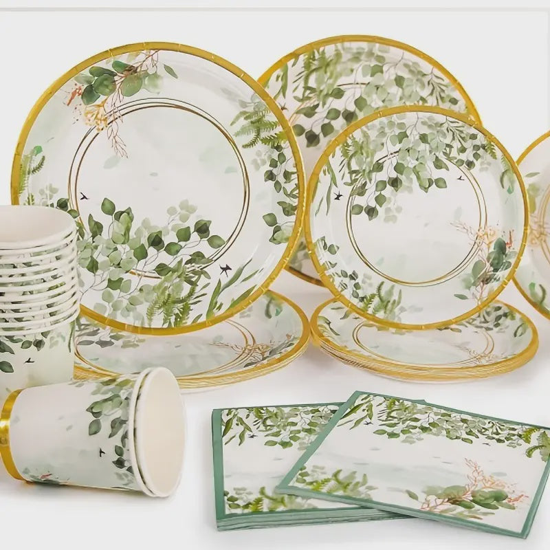 120-Piece Elegant Green Leaves Themed Disposable Tableware Set