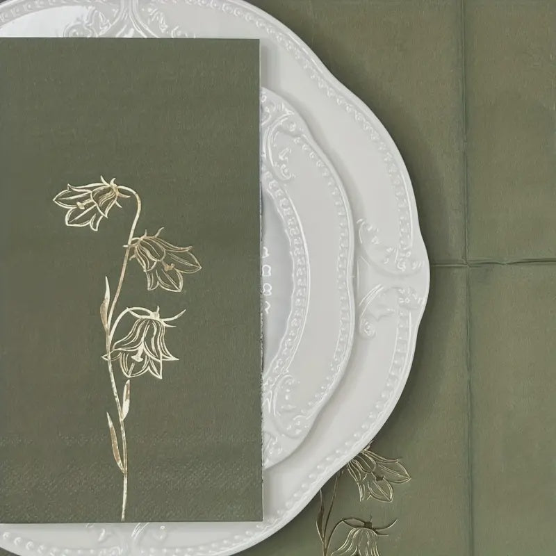 16pcs, High-end Green Lily Of The Valley Flower Bronzing Dinner Napkins