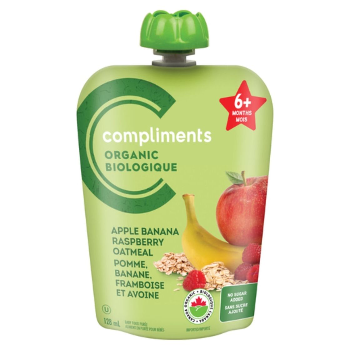 Compliments Organic Baby Apple Banana Raspberry Oatmeal Puree, 128 ml