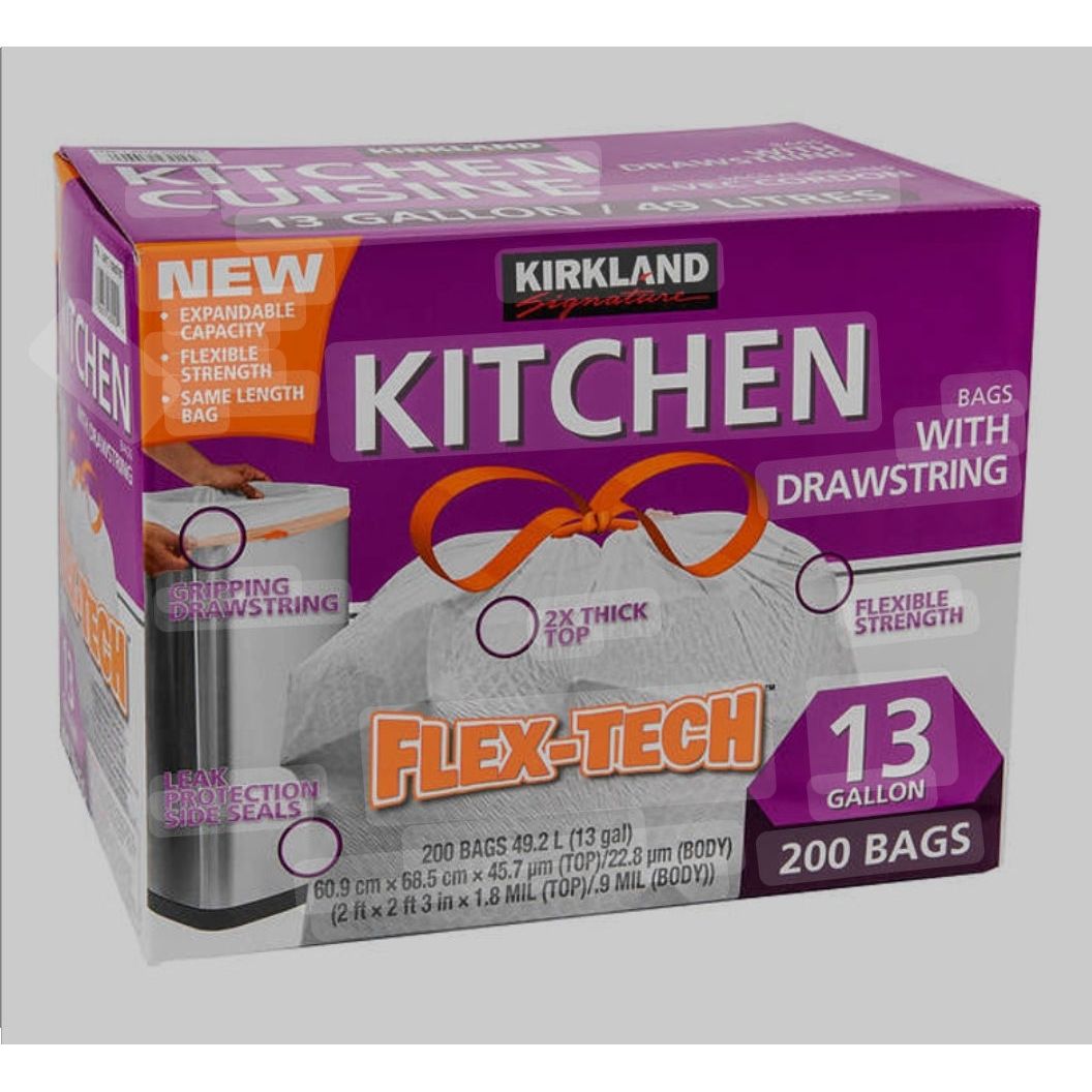 Flex-tech Kitchen Garbage Bags w/ Drawstring 13 Gal, 200 bags