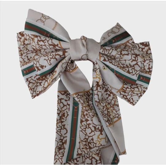 Vivente Satin Chain Belt Print Hair Bow Barrette, Cream BC791