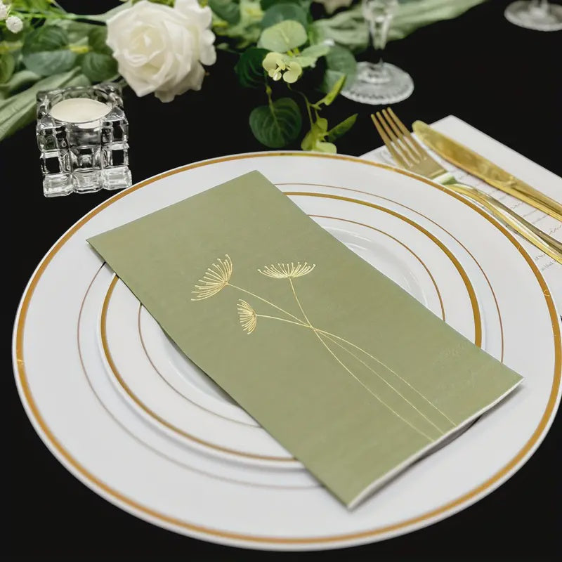 Elegant Dark Green Dandelion Foil Napkins, 3-Ply