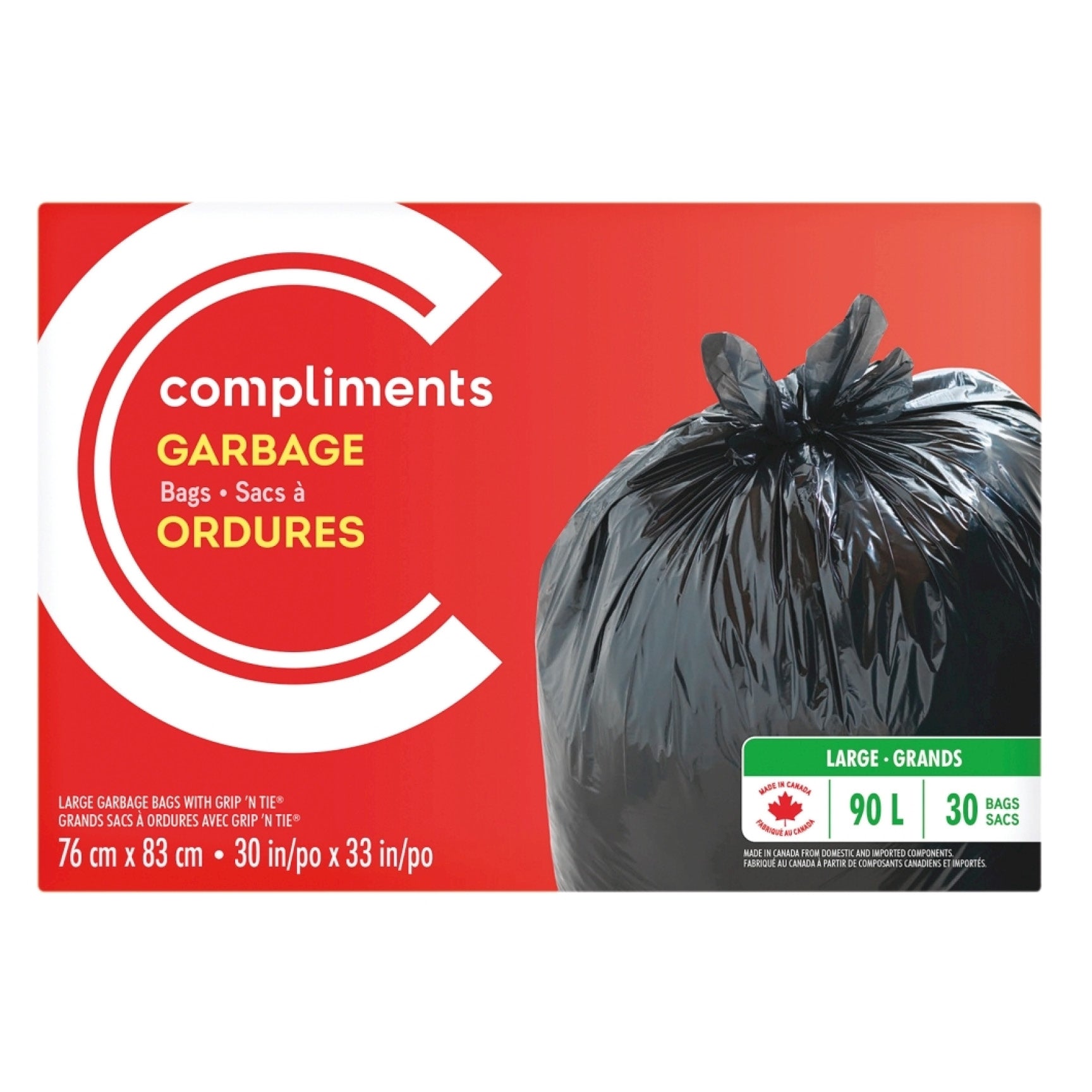 Compliments Garbage Bags, 90L Grip & Tie, 30 bags