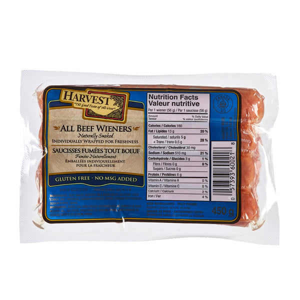 Harvest Meats All Beef Hot Dog Wieners, 450g