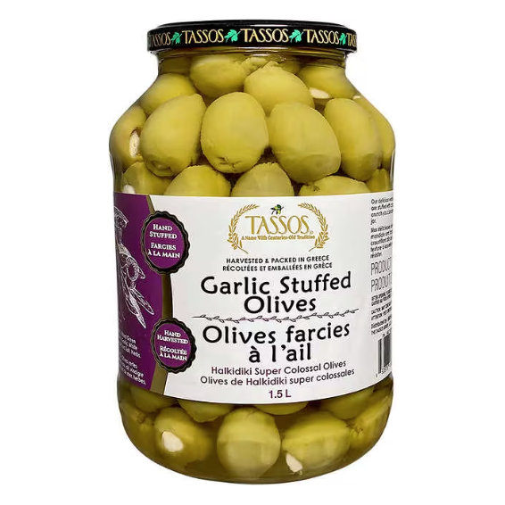 CASE LOT Tassos Garlic Stuffed Super Colossal Olives, 1.5L