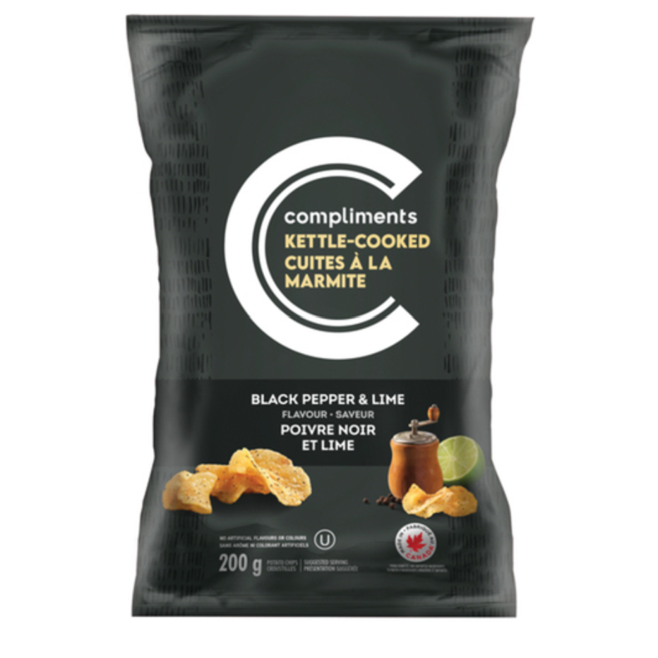 Compliments Kettle Cooked Black Pepper & Lime Potato Chips, 200g