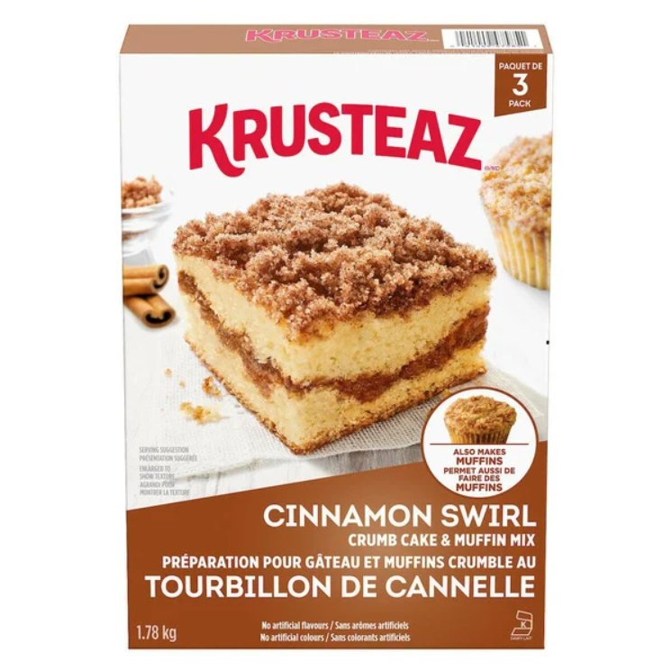 CASE LOT Krusteaz Cinnamon Swirl Crumb Cake 3 Pack, 1.78kg