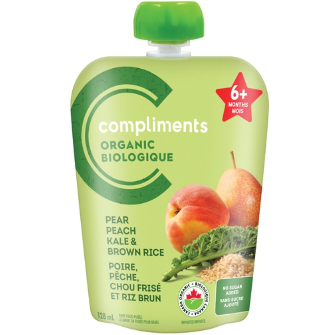 Compliments Organic Pear Peach, Kale & Brown Rice Pouch Baby Food 128 mL