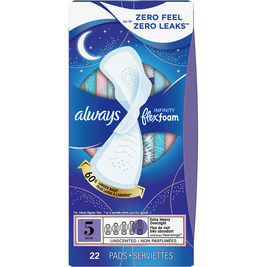 Always Infinity Size 5 Extra Heavy Overnight Pads w/ Wings, 22 ct